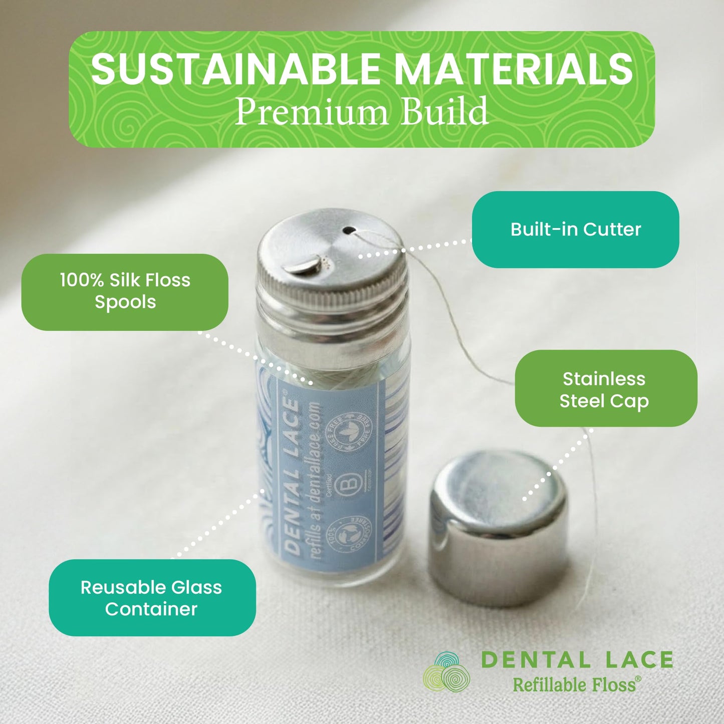 Refillable Silk Dental Floss, PFAS-Free, Glass Container – Dental Lace