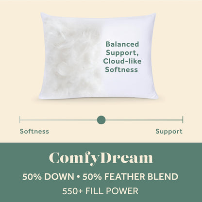 ComfyDown ComfyDream Pillow (King, 50% Down / 50% Feather, 100% Egyptian Cotton)