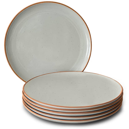 Mora Artisan Matte Ceramic Dinner Plates, Set of 6 (10 inch) with brown rims on a white background