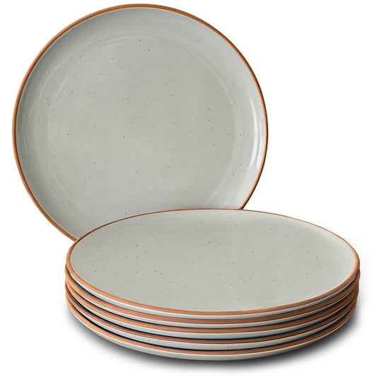 Mora Artisan Matte Ceramic Dinner Plates, Set of 6 (10 inch) with brown rims on a white background