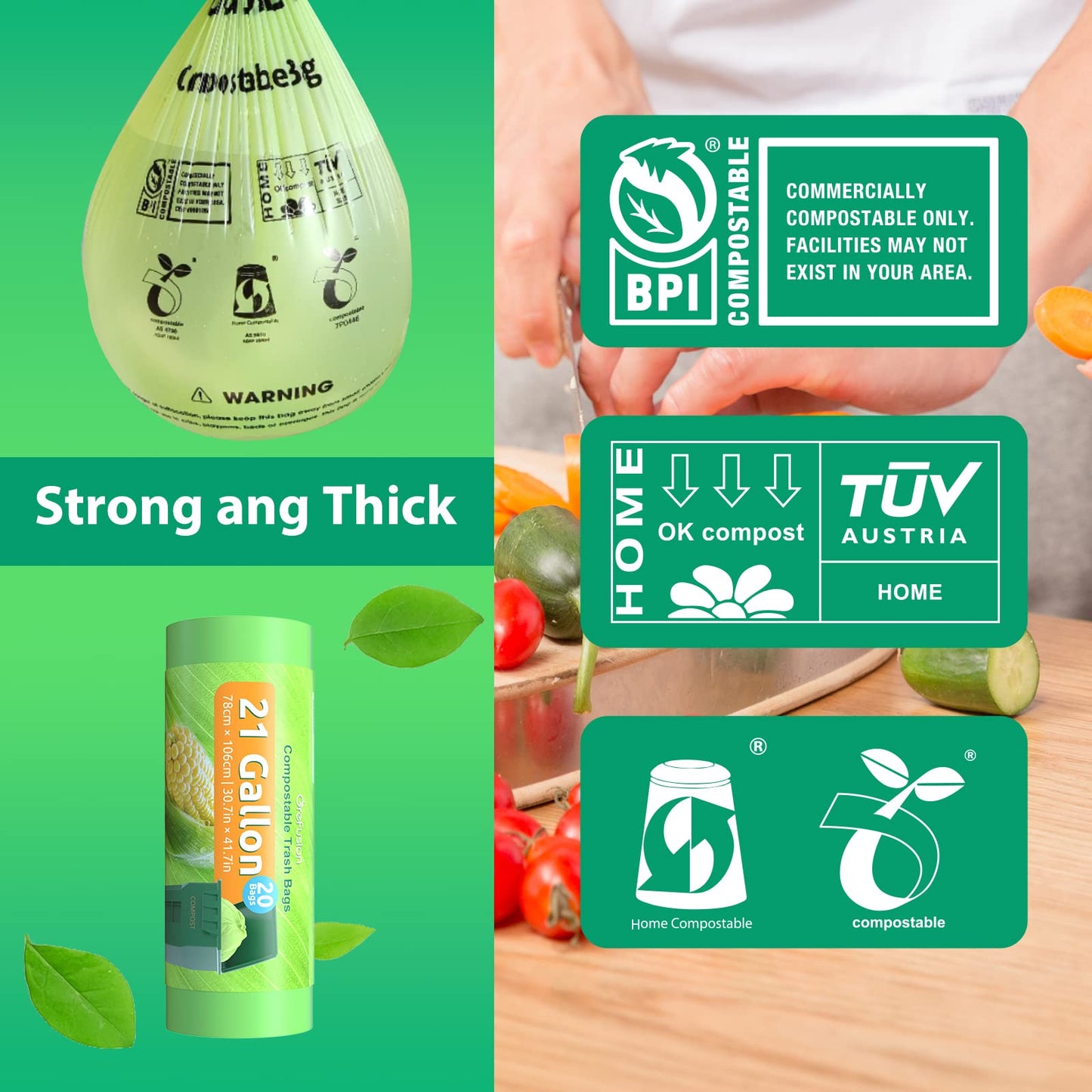 GreFusion 1.2 Gallon Compostable Bags - 125 Count (BPI Certified)