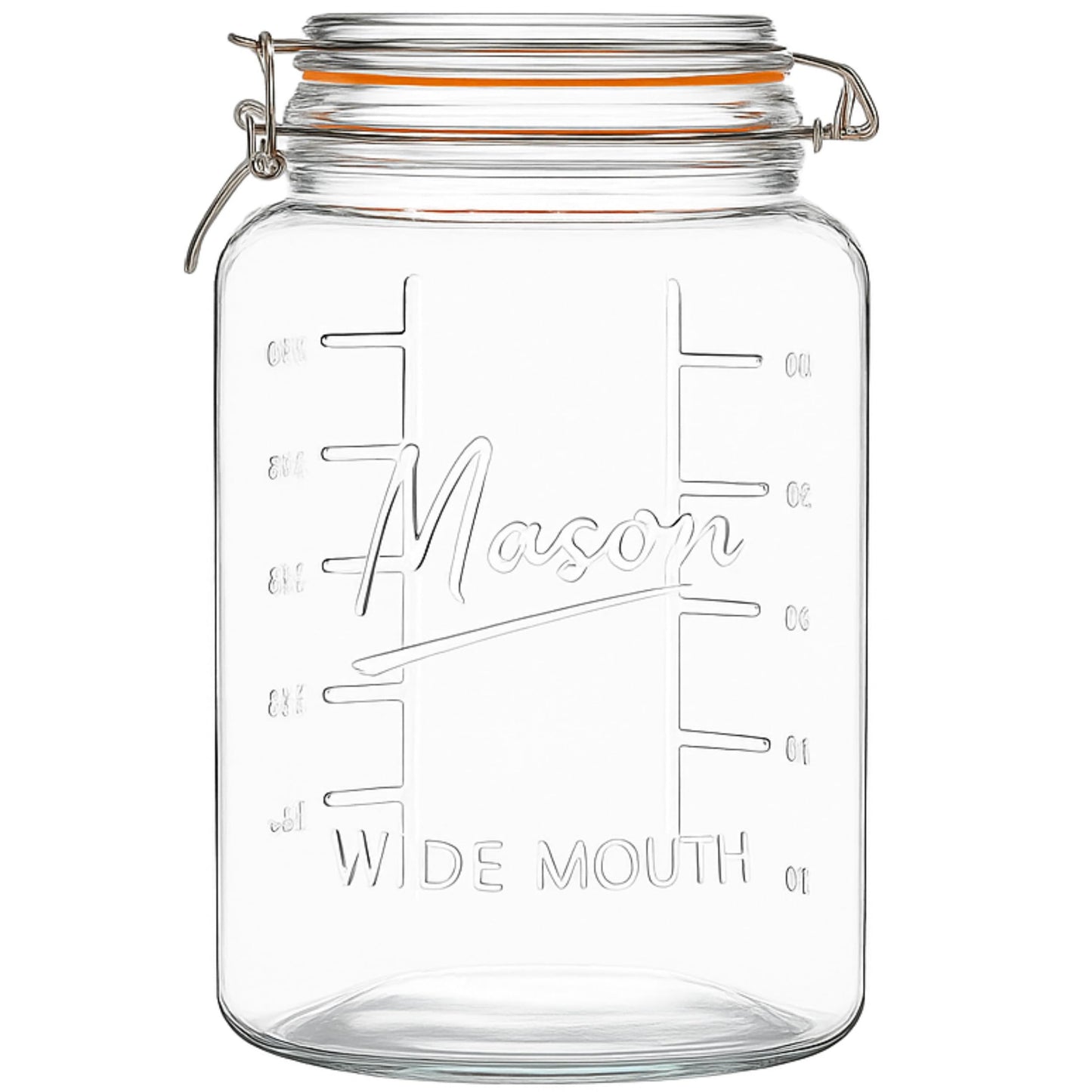 Kitchentoolz 1 gallon glass lid mason jar with measurement markings on a white background
