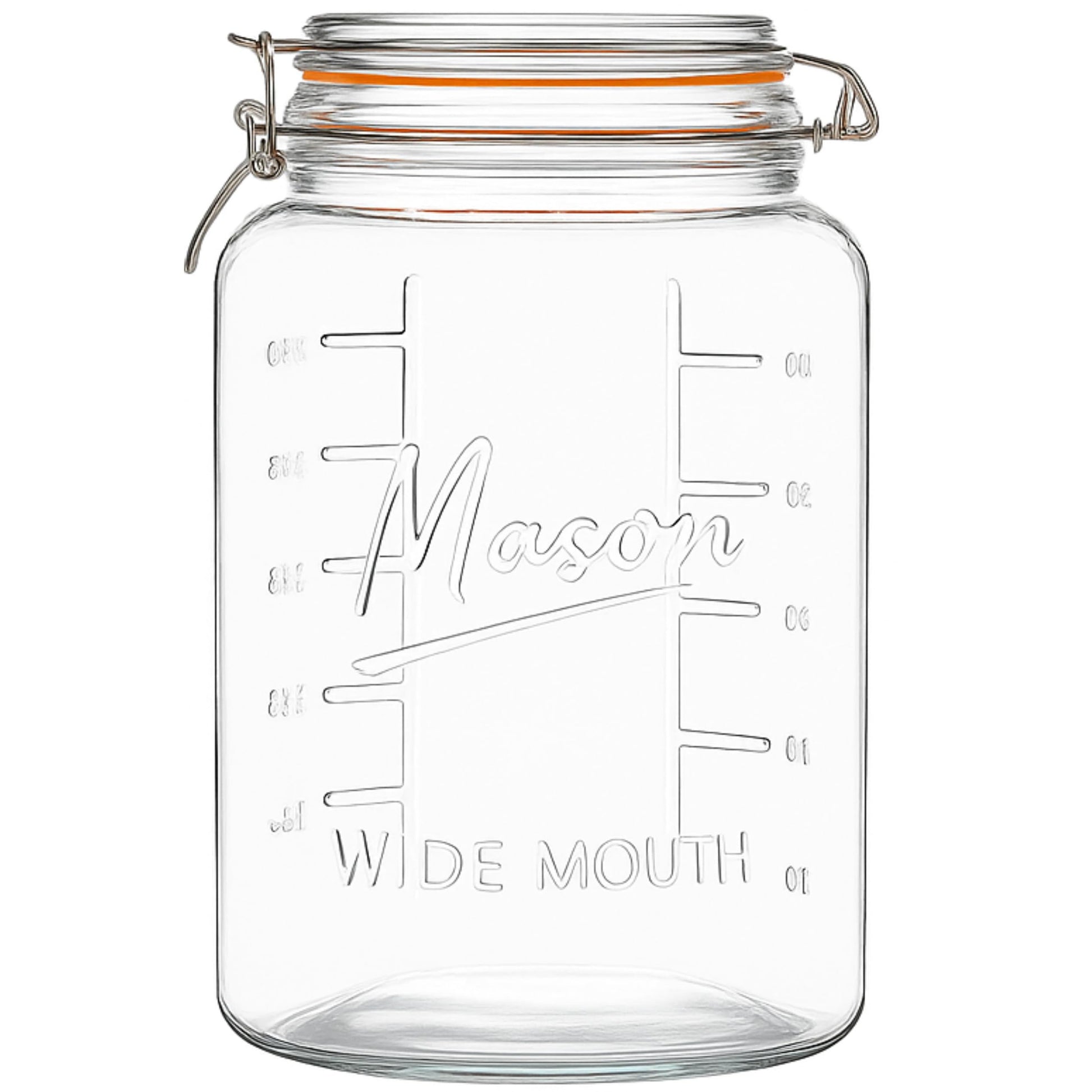 Kitchentoolz 1 gallon glass lid mason jar with measurement markings on a white background
