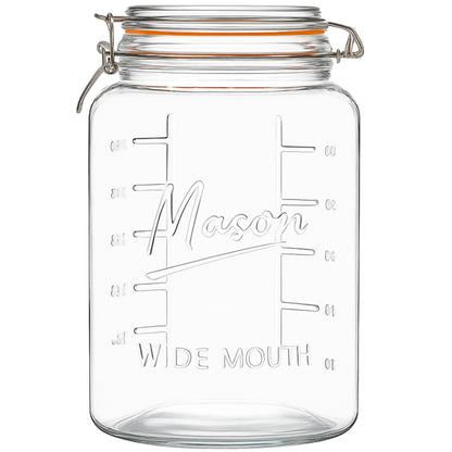 Kitchentoolz 1 gallon glass lid mason jar with measurement markings on a white background