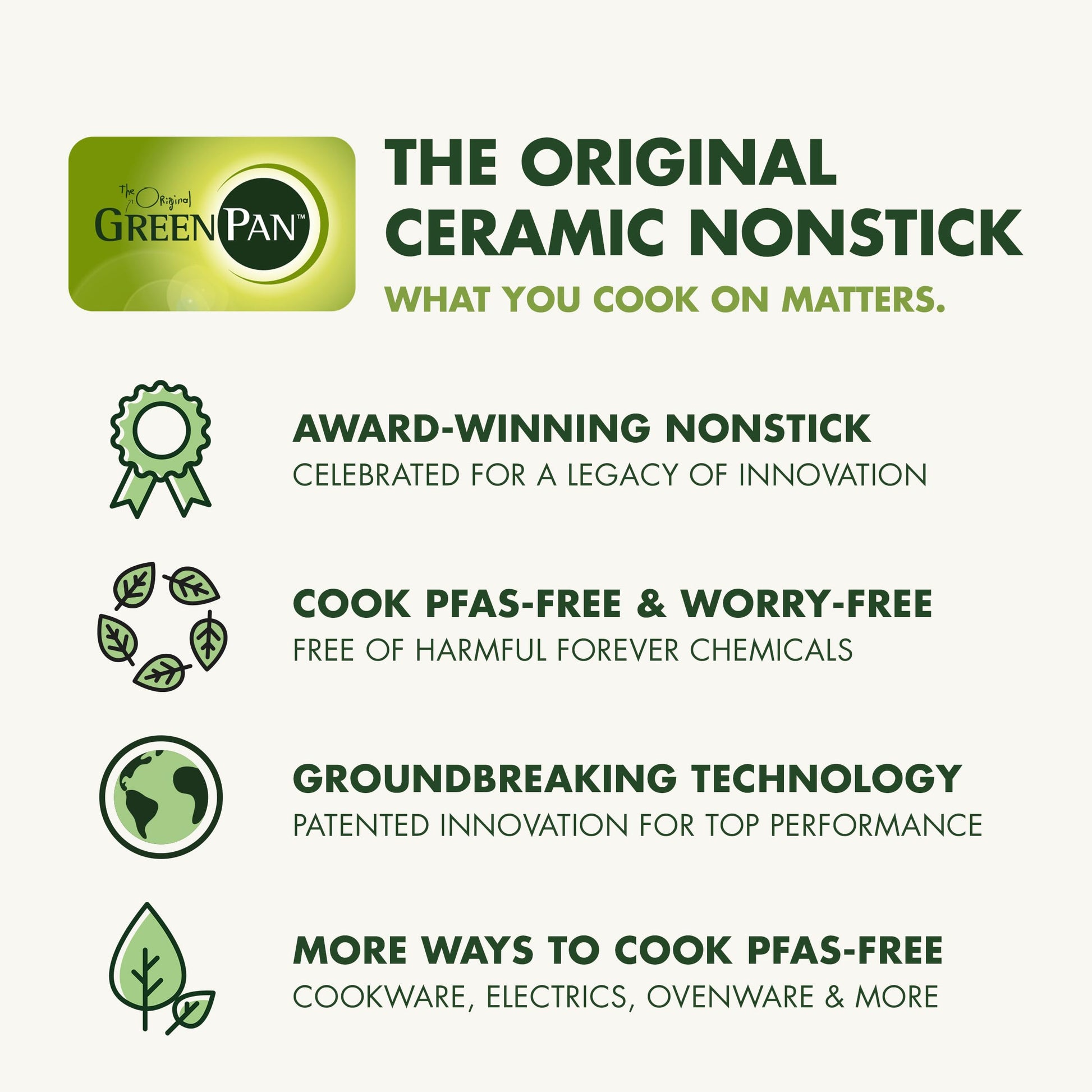 GreenPan brand advertisement with text about ceramic nonstick cookware on a white background