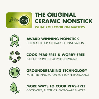GreenPan brand advertisement with text about ceramic nonstick cookware on a white background