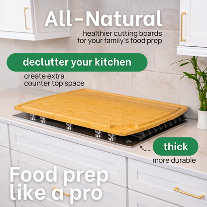 Wooden cutting board on a kitchen counter with text highlighting its benefits
