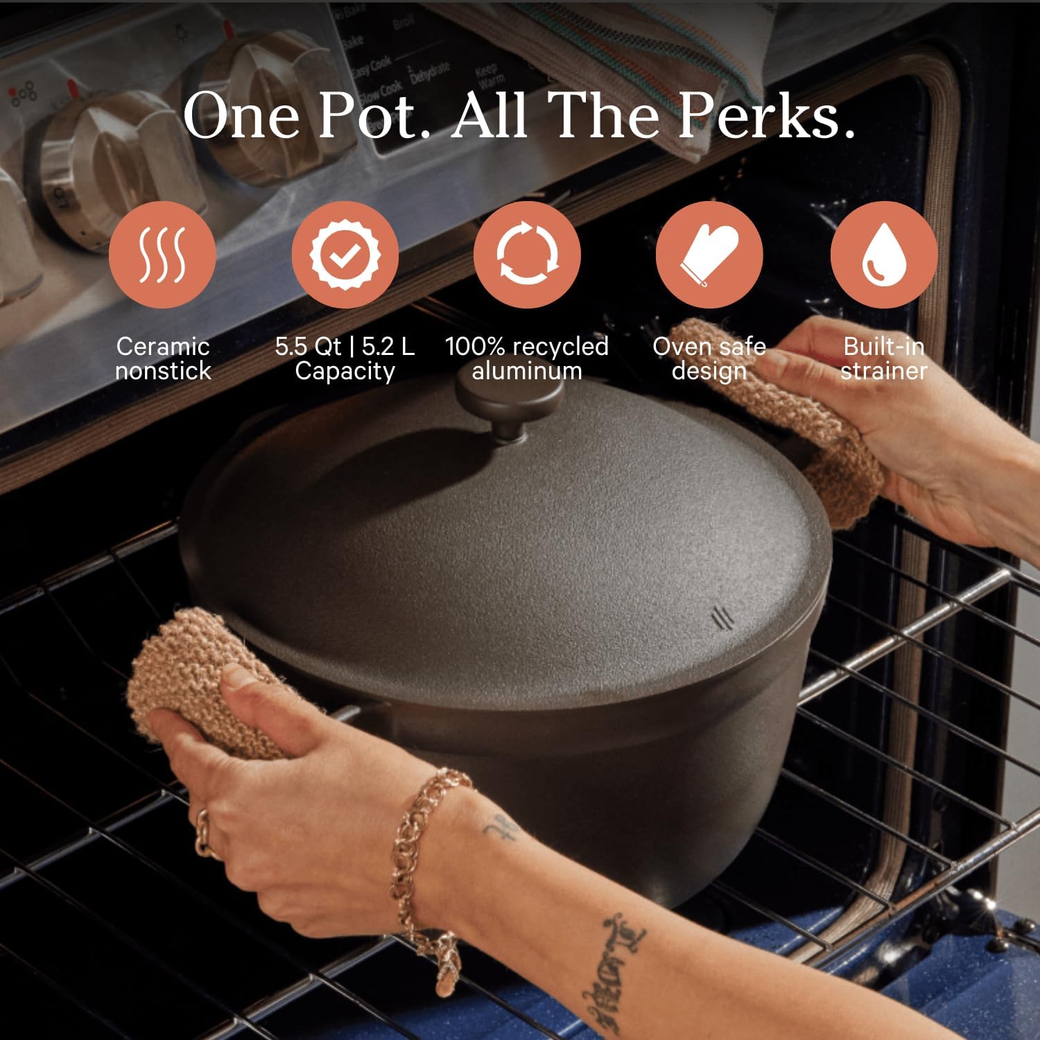 Person placing a pot into an oven with features highlighted on screen