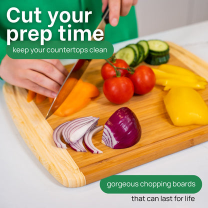 Person cutting vegetables on a wooden chopping board with text about reducing prep time and keeping countertops clean.