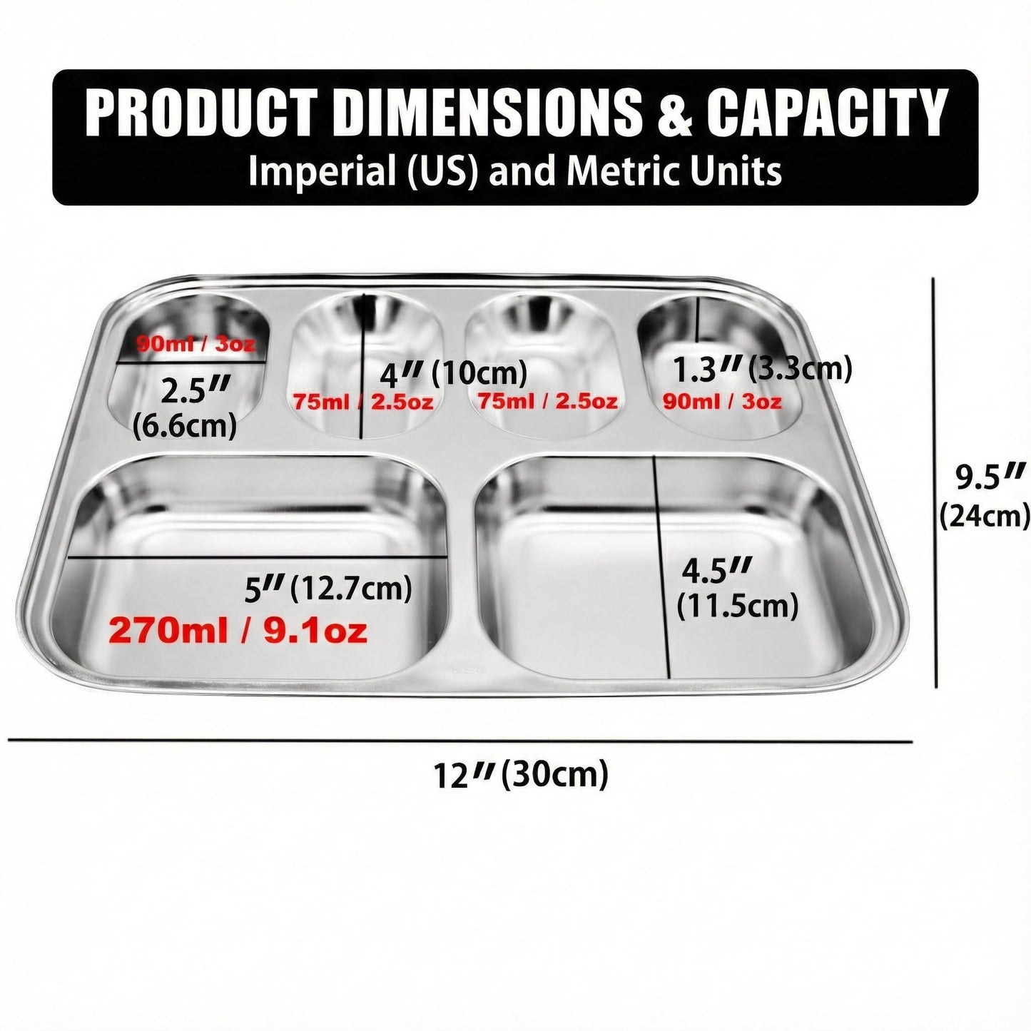 Korean Premium 304 Stainless Steel 5-Compartment Divided Plates (Set of 2)