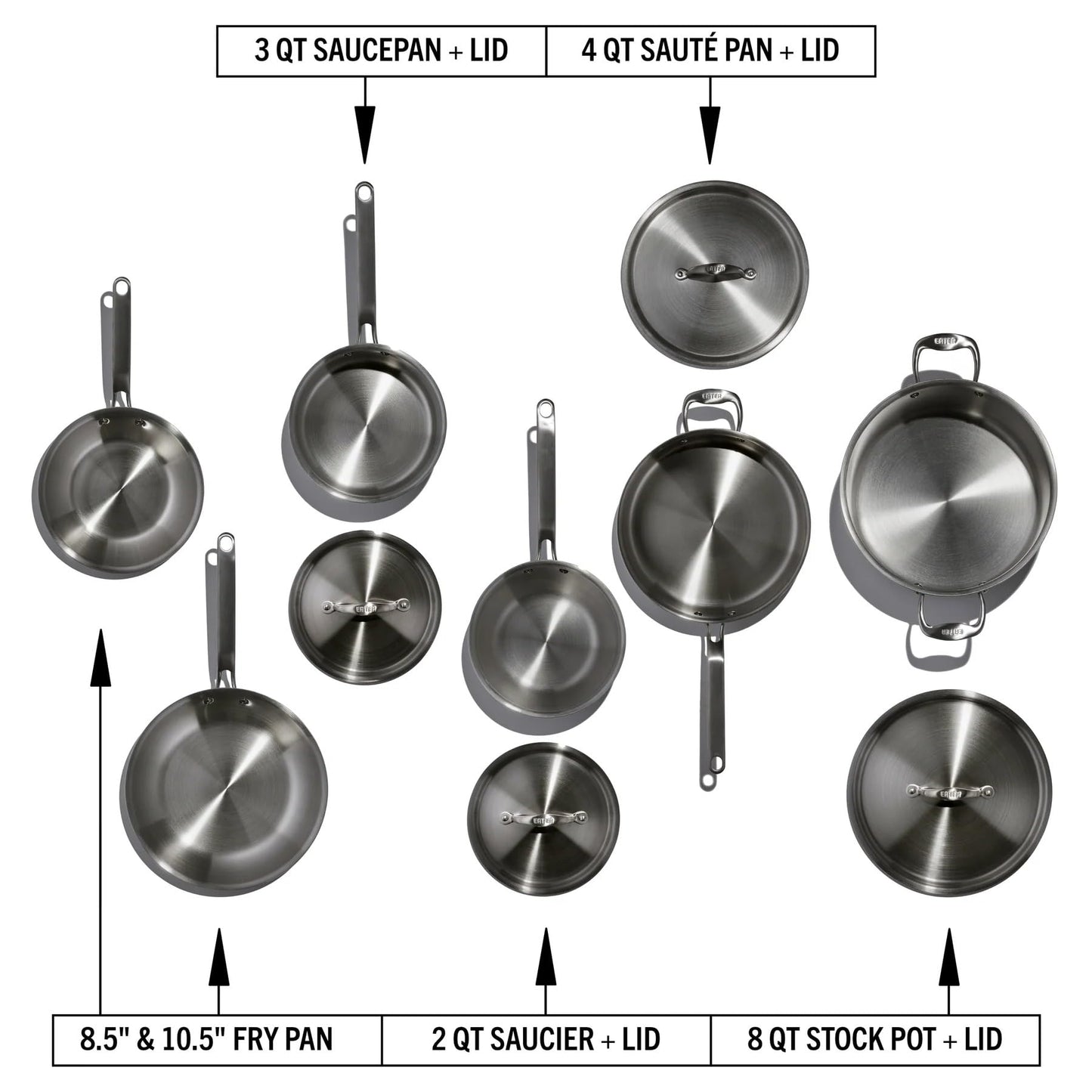Set of stainless steel cookware with labeled capacities and sizes.