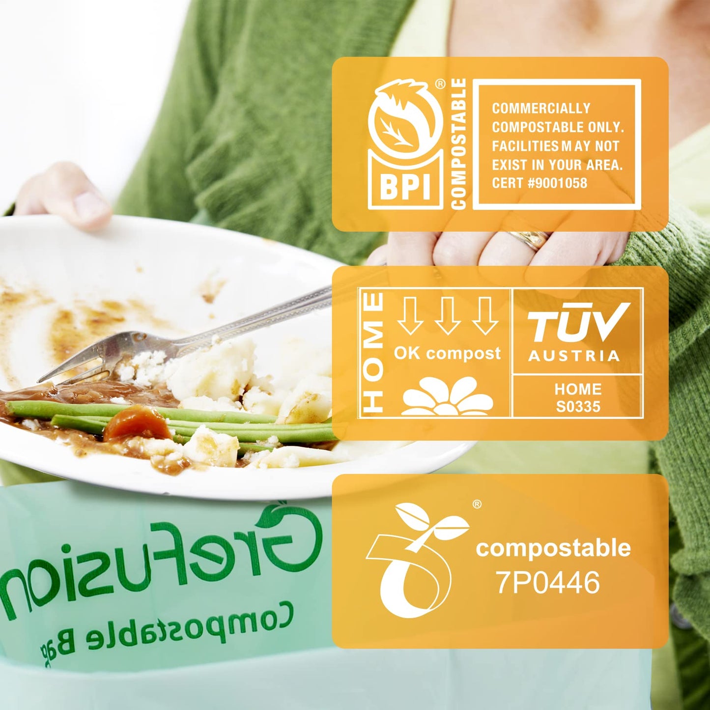 GreFusion 1.2 Gallon Compostable Bags - 125 Count (BPI Certified)