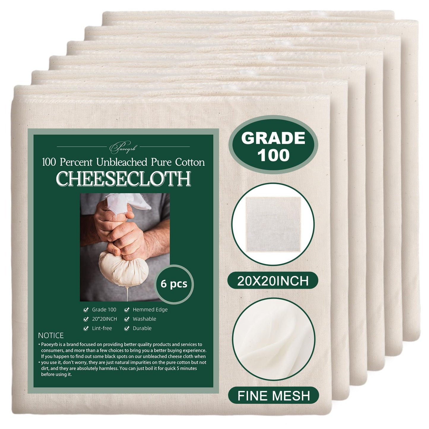 Paoeyrb 6-Piece Organic Unbleached Grade 100 Cheesecloth