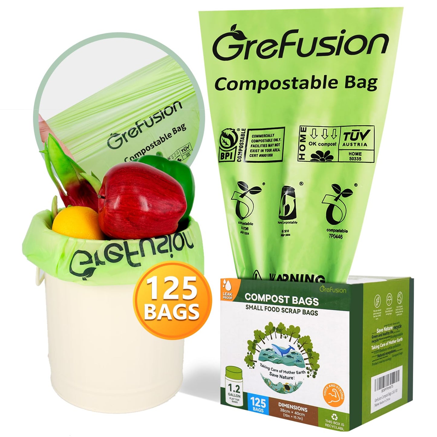 GreFusion 1.2 Gallon Compostable Bags - 125 Count (BPI Certified)
