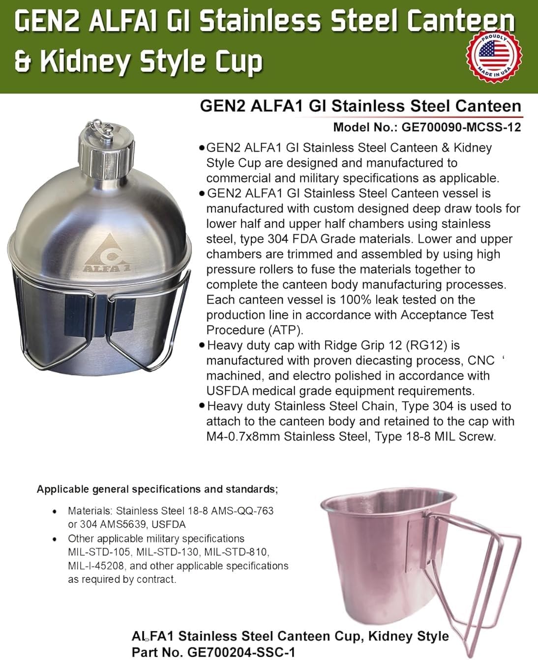 GI Military Grade Stainless Steel Canteen & Kidney Style Cup
