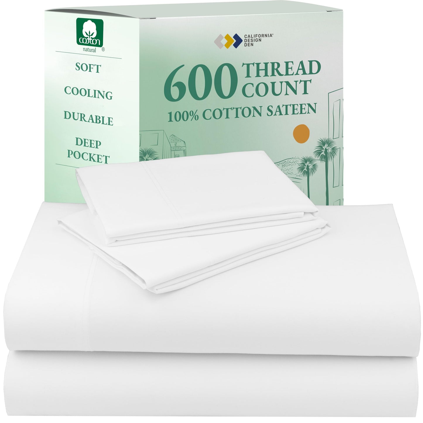 California Design Den 100% Cotton Sateen Sheets: 600 TC Luxury Set