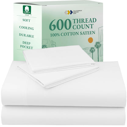 California Design Den 100% Cotton Sateen Sheets: 600 TC Luxury Set