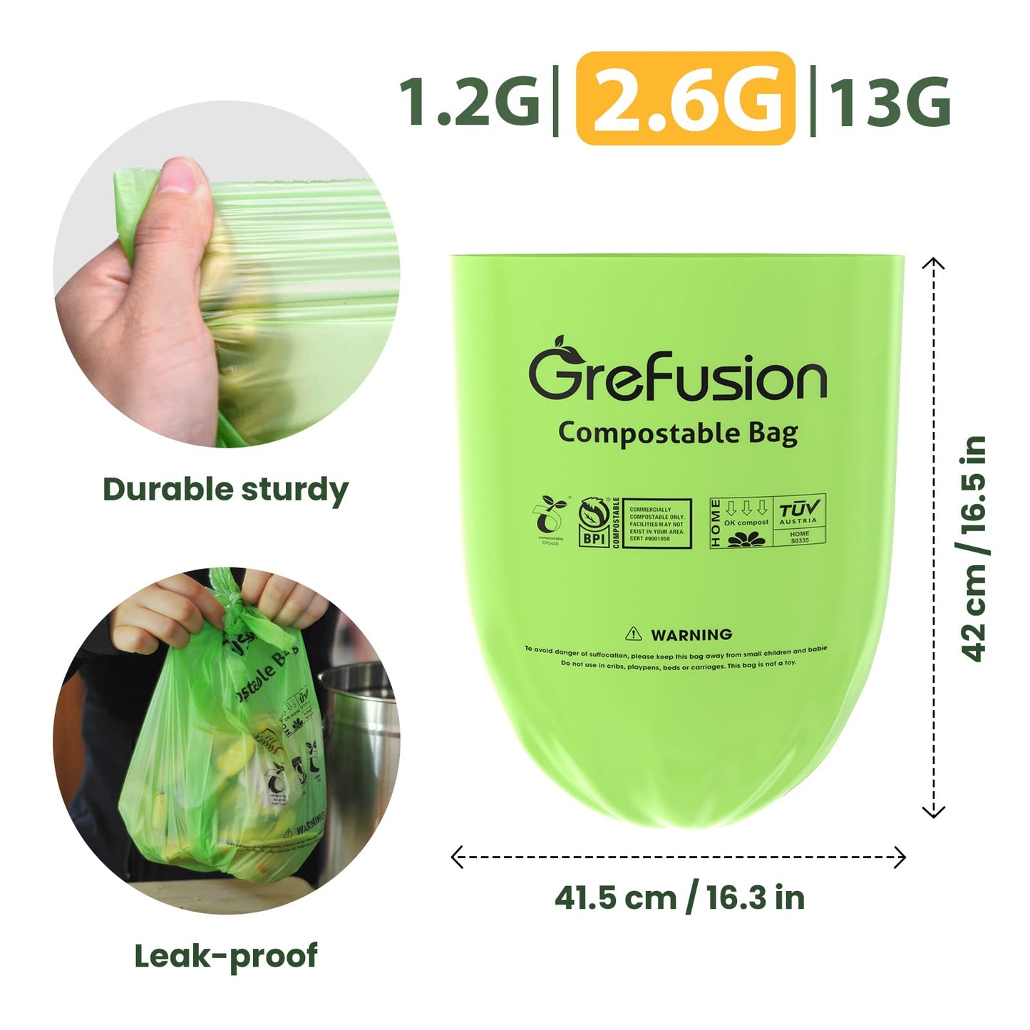 GreFusion 1.2 Gallon Compostable Bags - 125 Count (BPI Certified)