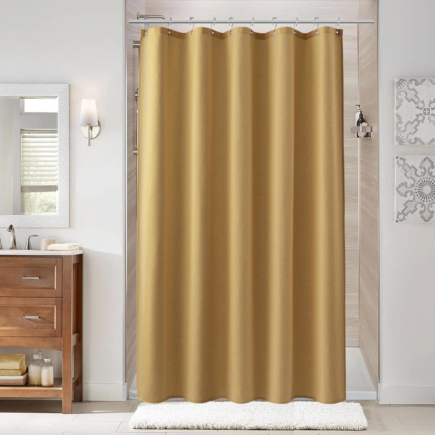 Naturoom Weighted Natural Flax Linen Shower Curtain Set
