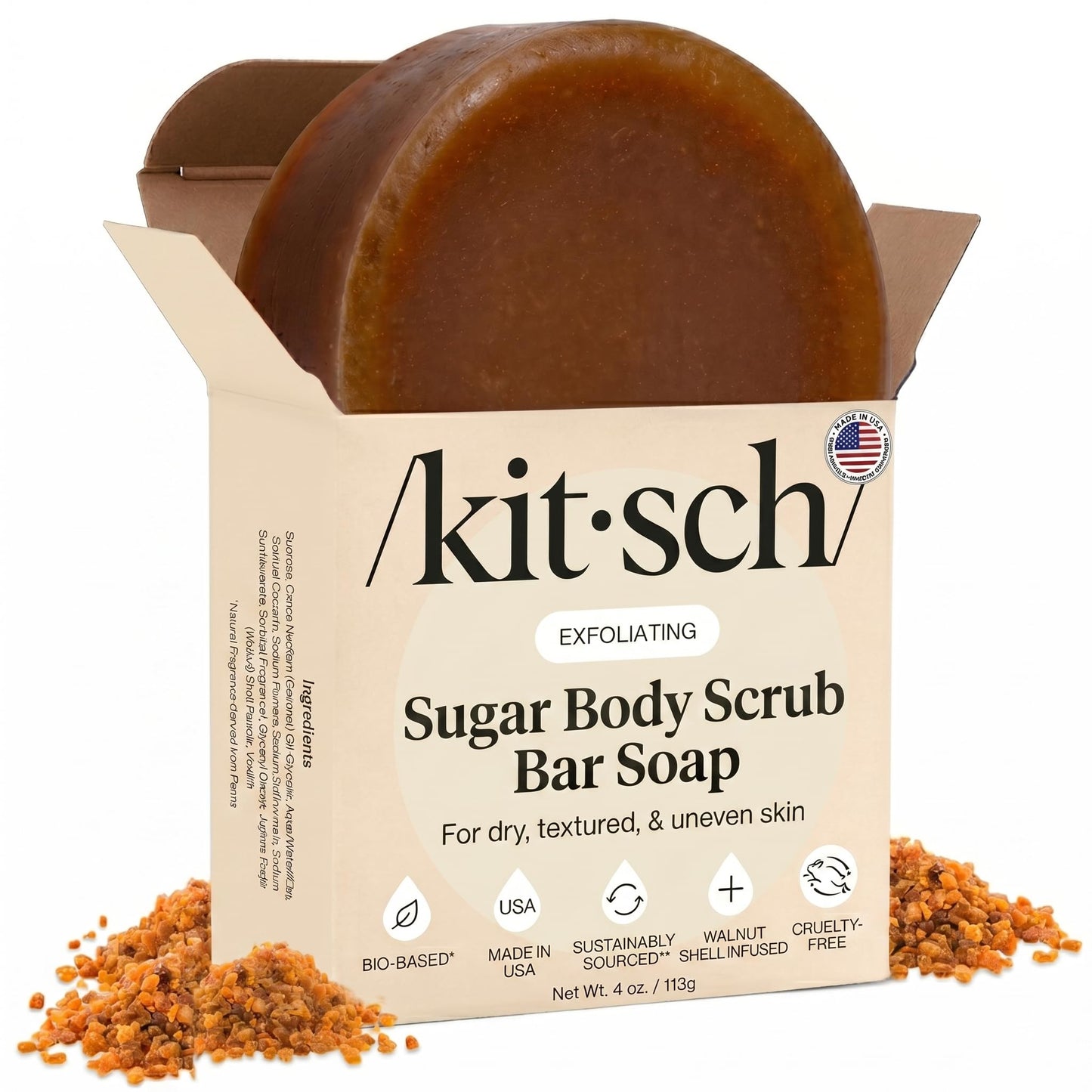 Kit-sch exfoliating sugar body scrub bar soap with packaging on a white background