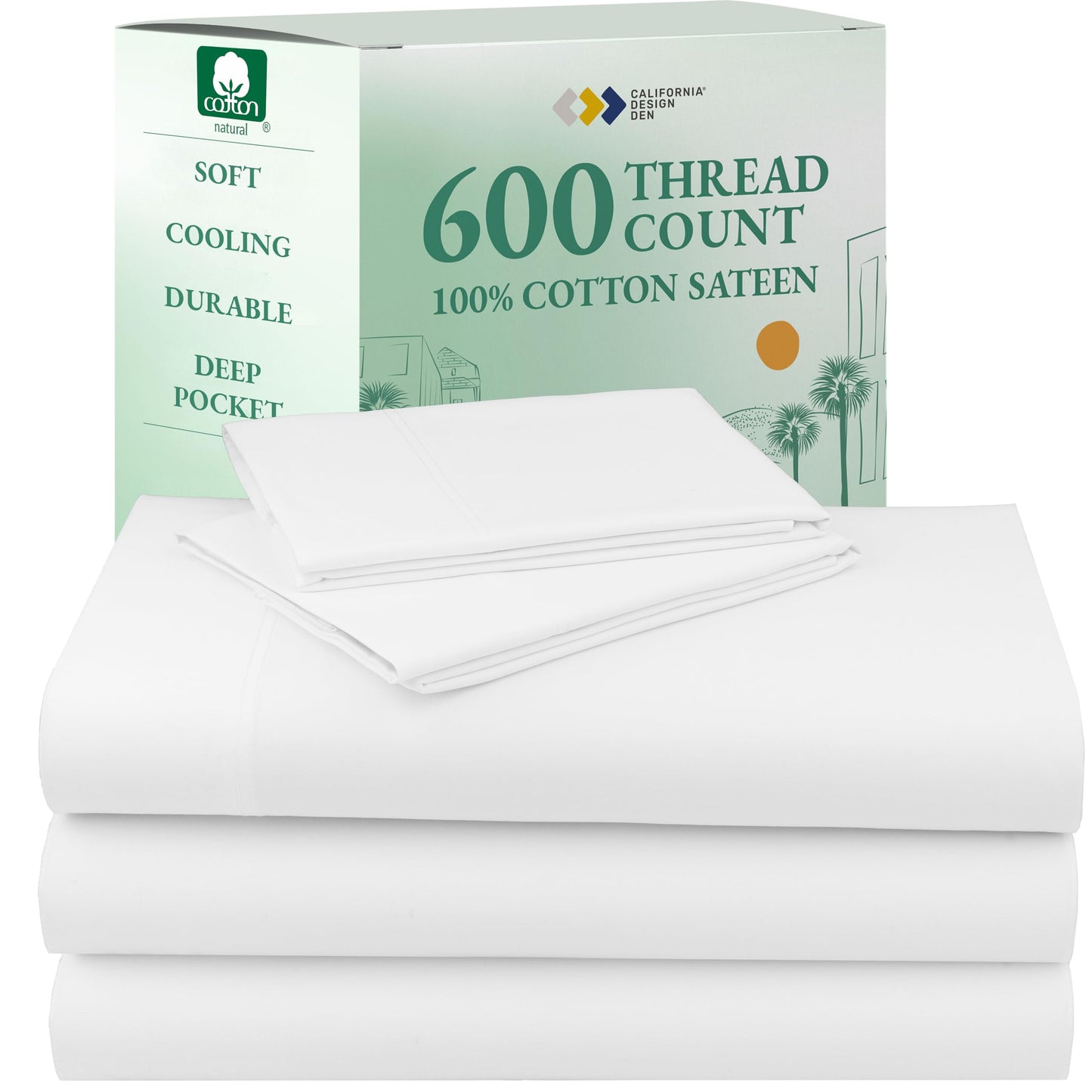 California Design Den 100% Cotton Sateen Sheets: 600 TC Luxury Set