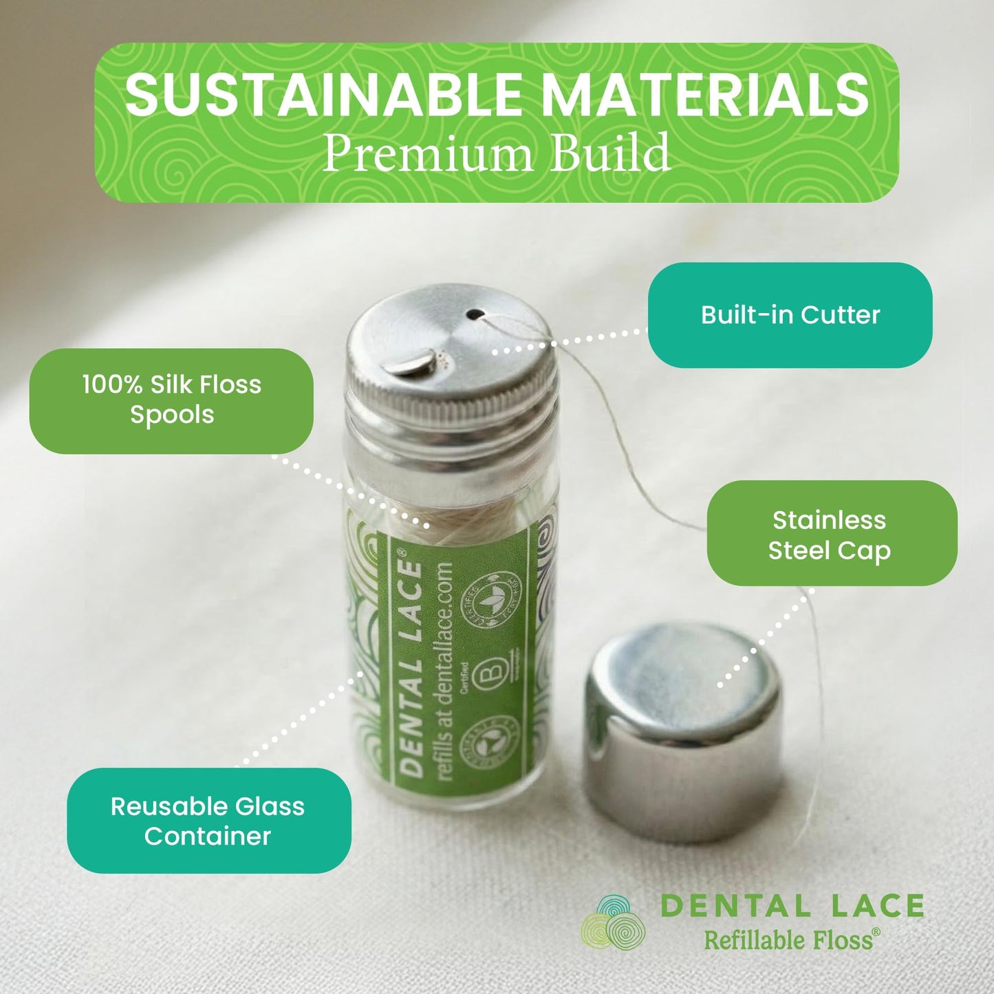 Refillable Silk Dental Floss, PFAS-Free, Glass Container – Dental Lace