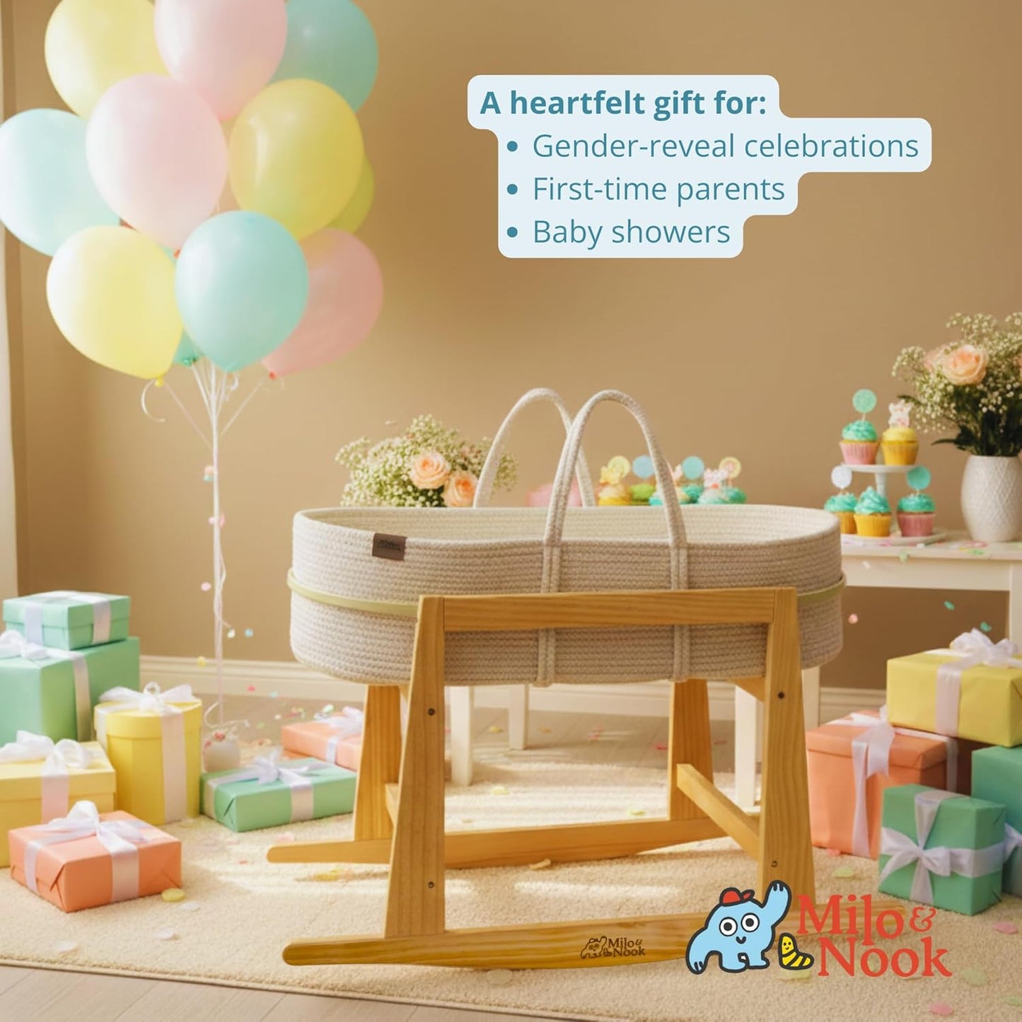 Milo & Nook Baby Moses Basket Stand: Solid Pine Wood Structure