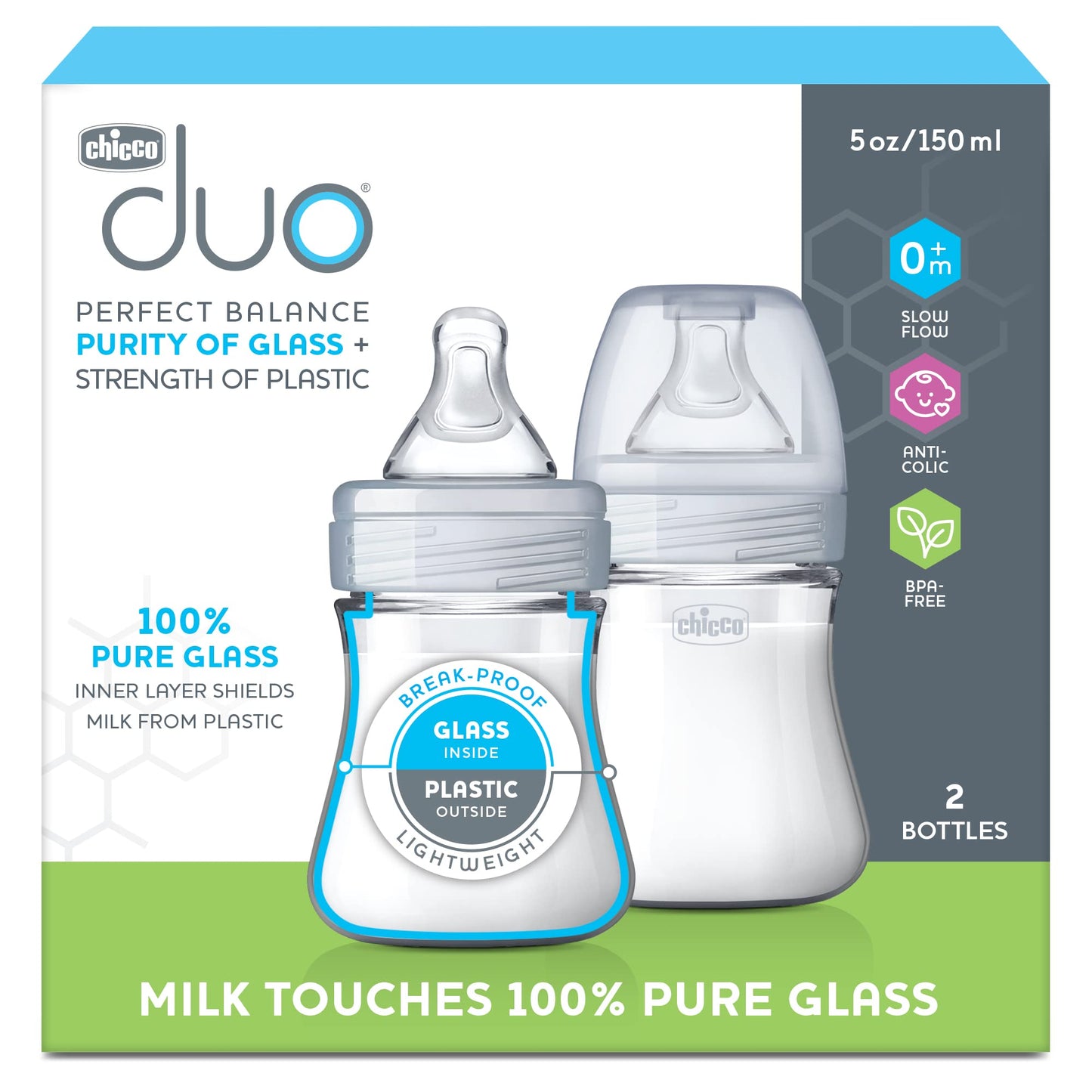 Chicco Duo 5oz Hybrid Baby Bottle with Invinci-Glass Interior (2-Pack)