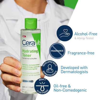 CeraVe hydrating toner bottle held by a person, with product features highlighted.