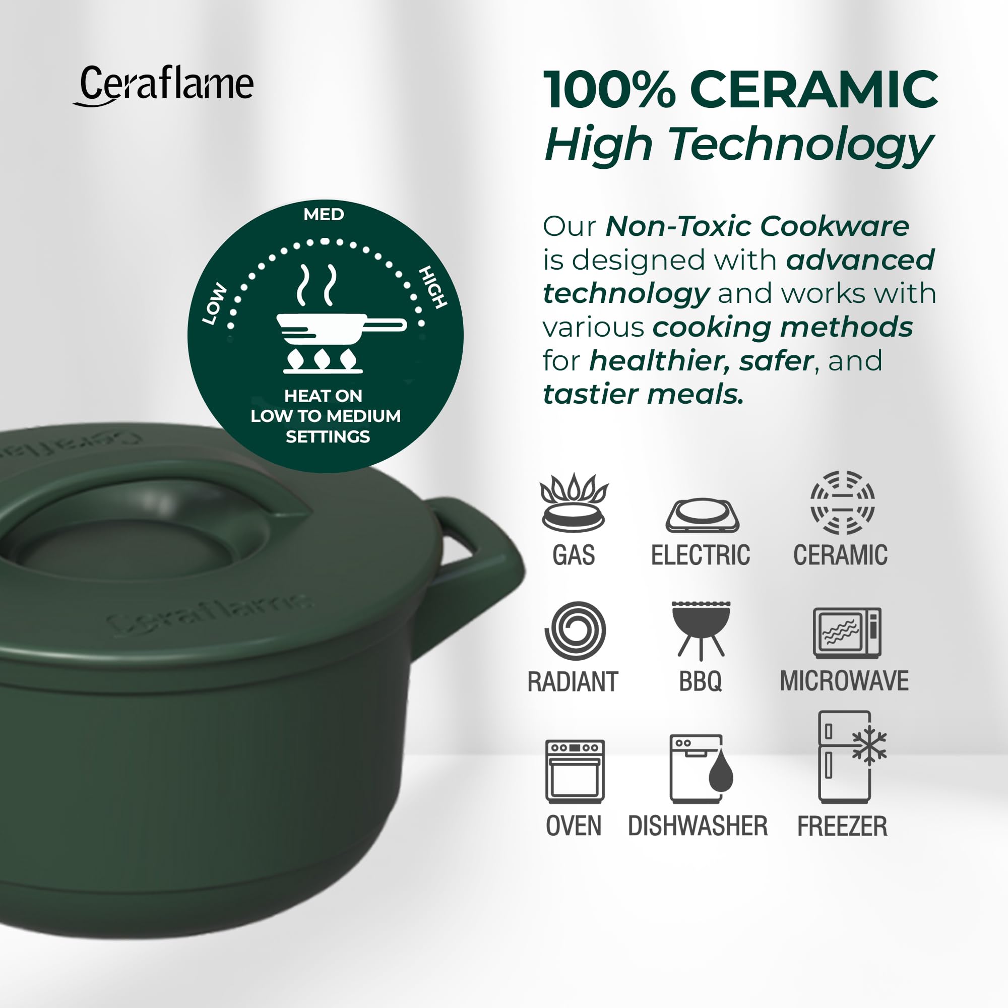 Ceraflame green ceramic cookware with features and compatibility icons on a white background