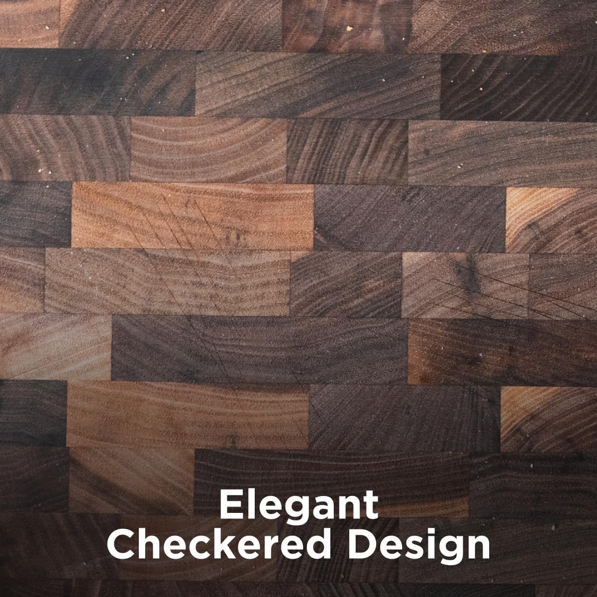Wooden surface with a checkered design and text 'Elegant Checkered Design'.
