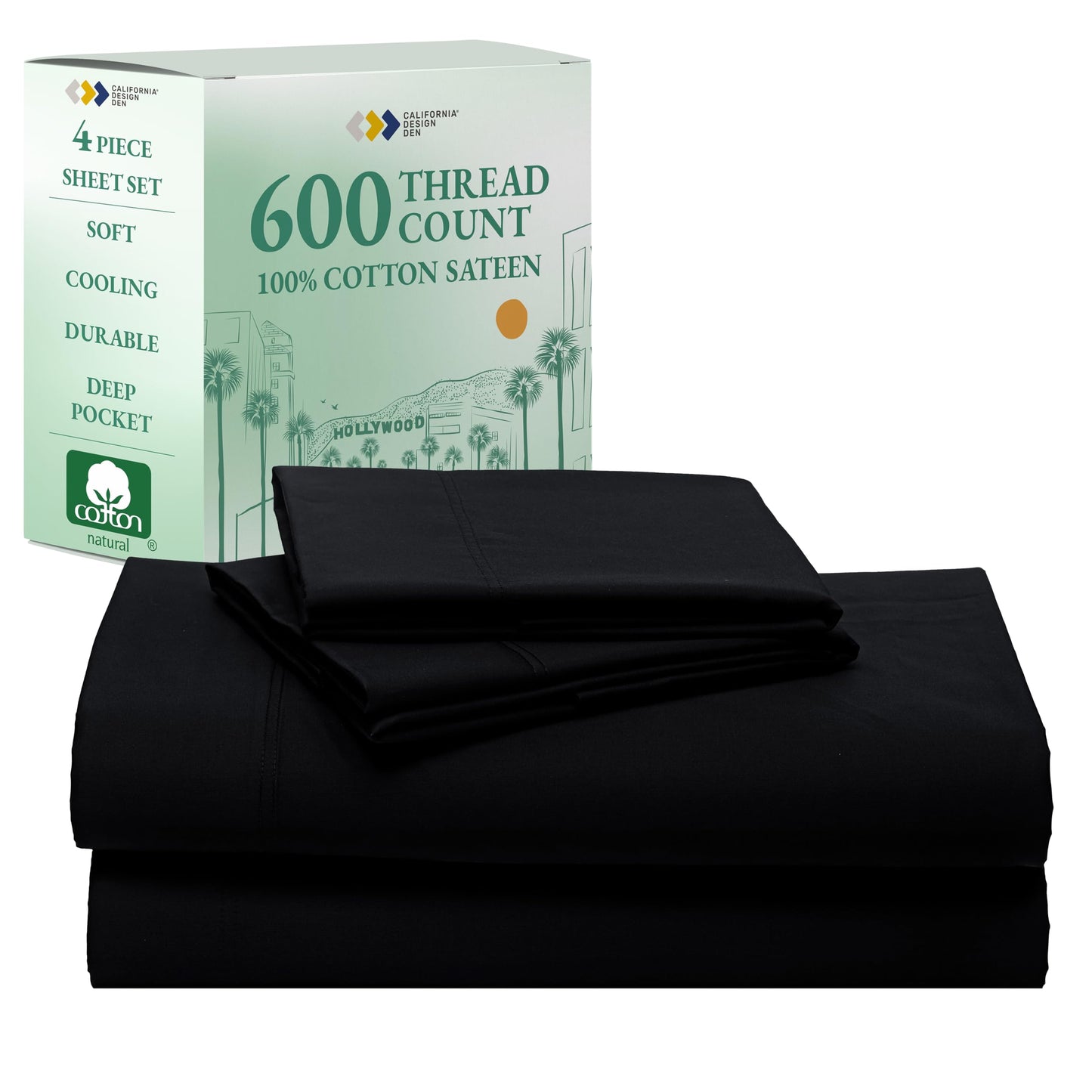 California Design Den 100% Cotton Sateen Sheets: 600 TC Luxury Set