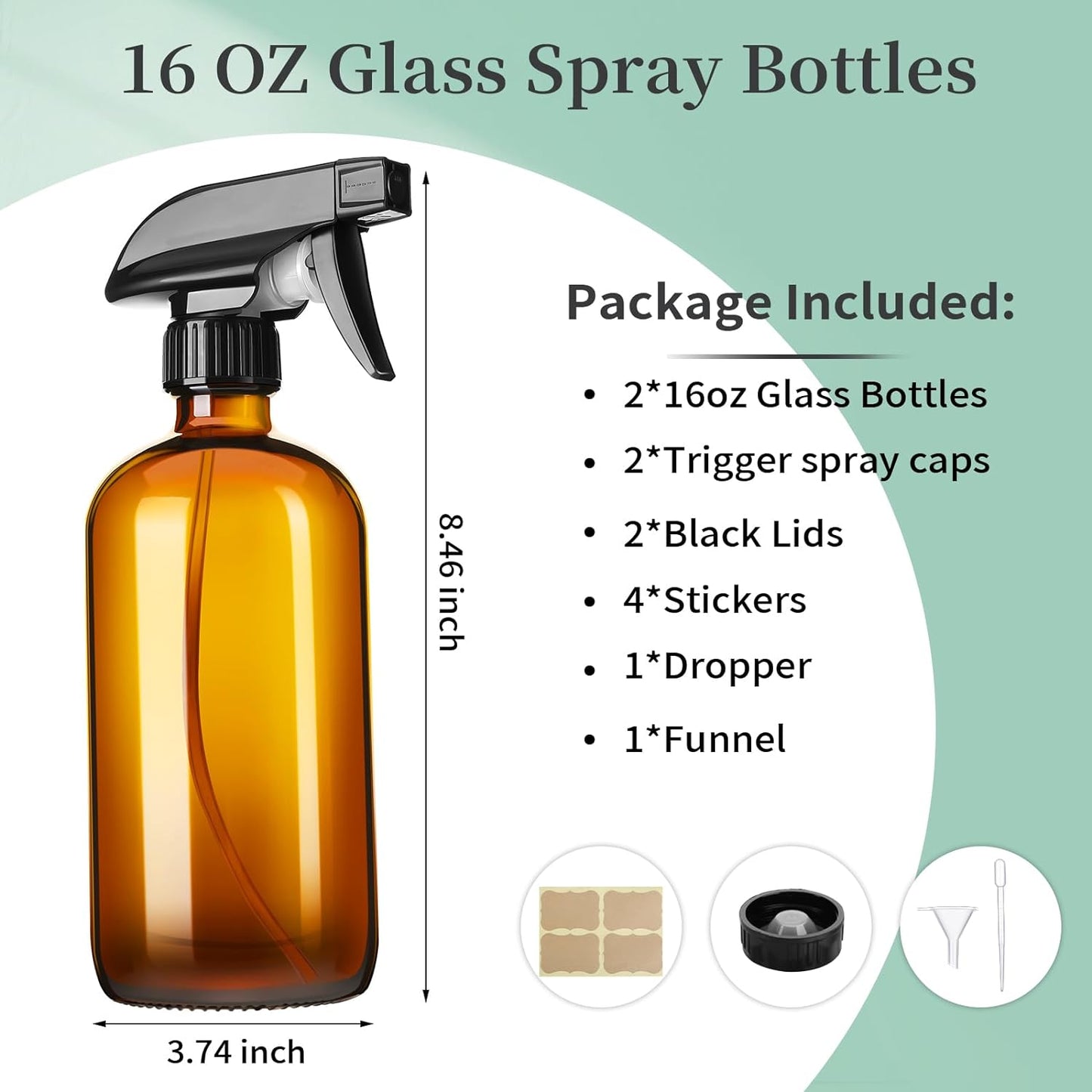 16oz Amber Glass Spray Bottles (2-Pack Set)