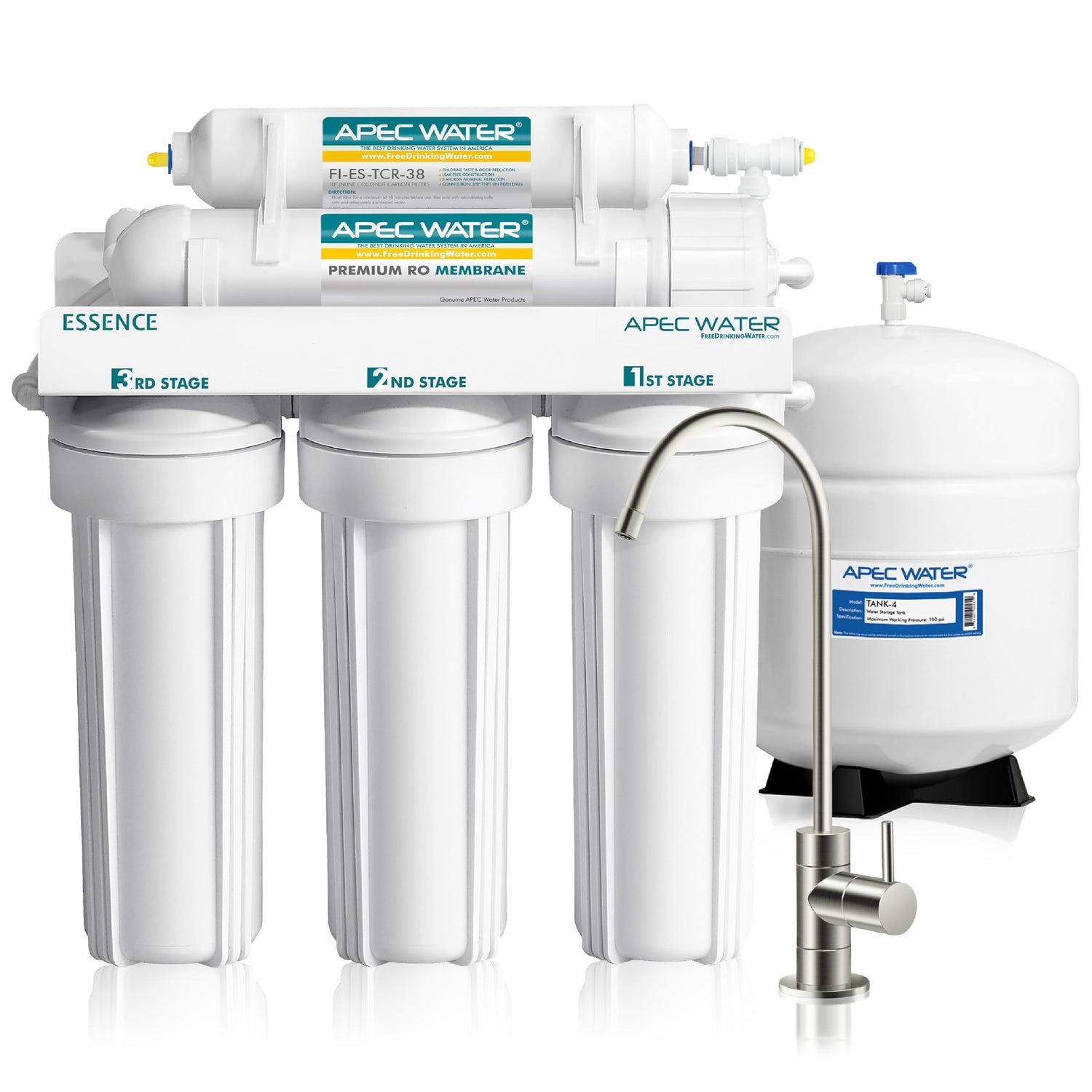 APEC Water filtration system with multiple stages on a white background