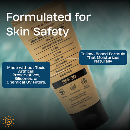 Sky and Sol Natural Mineral Sunscreen SPF 30 3 oz: Natural Tallow & Zinc Oxide, Reef Safe, Water Resistant, Fragrance-Free, Non-Greasy Formula for Face and Body
