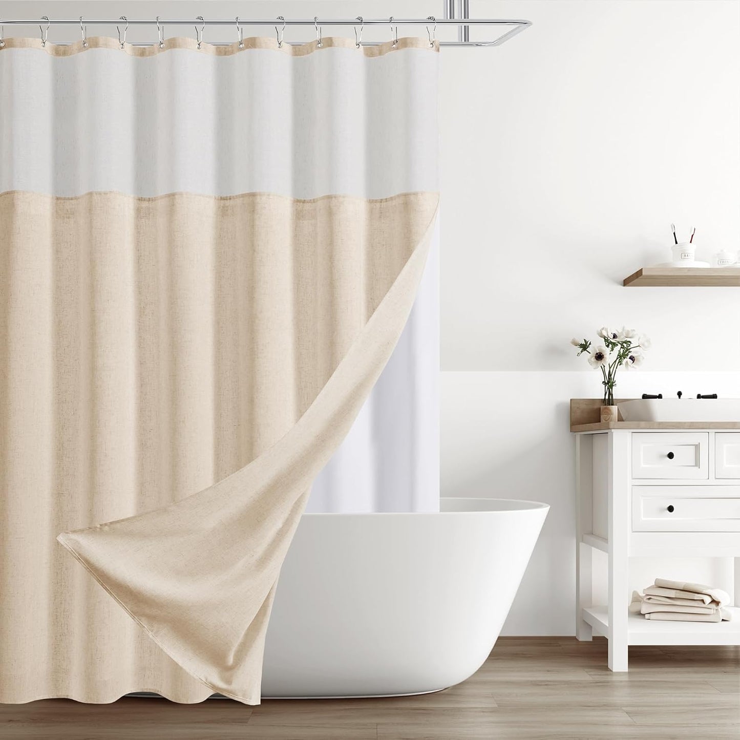 Naturoom Weighted Natural Flax Linen Shower Curtain Set
