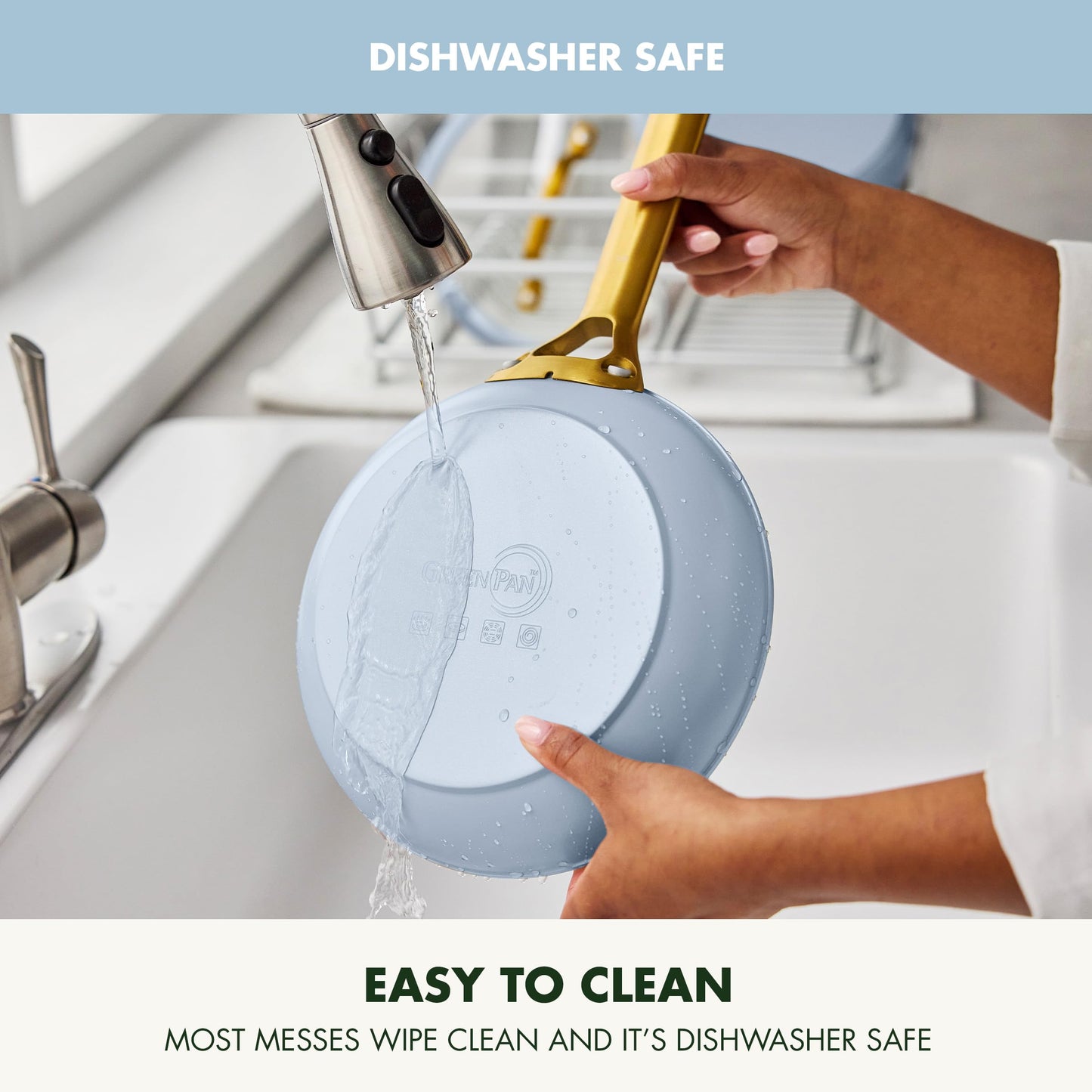 Person rinsing a blue silicone lid under running water with text indicating it is dishwasher safe and easy to clean.