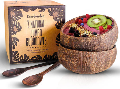 COCOBOWLCO Jumbo Polished Coconut Bowl Set with Wooden Spoons