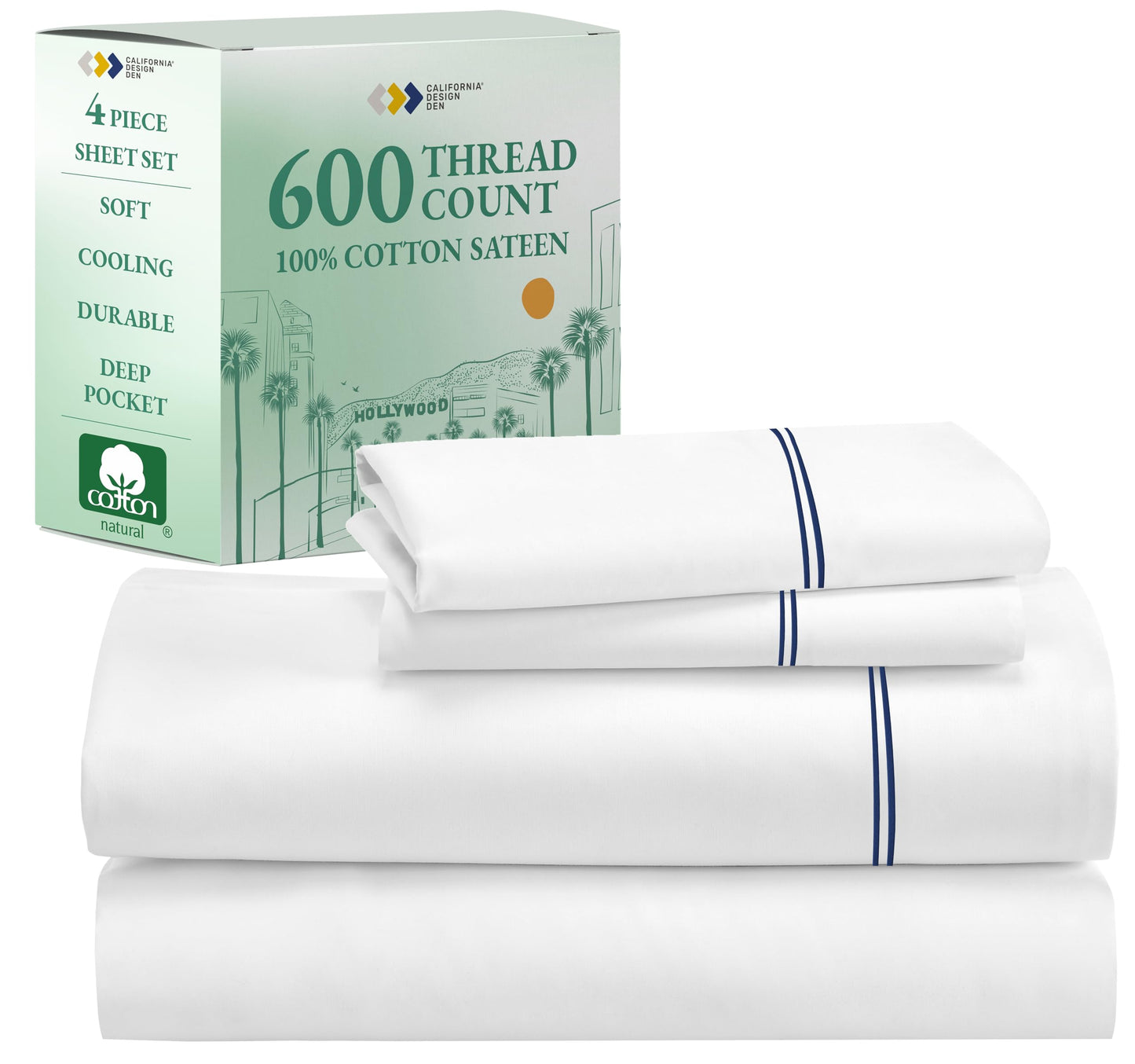 California Design Den 100% Cotton Sateen Sheets: 600 TC Luxury Set