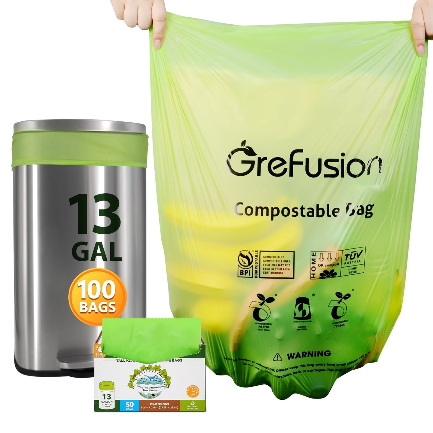 GreFusion 1.2 Gallon Compostable Bags - 125 Count (BPI Certified)