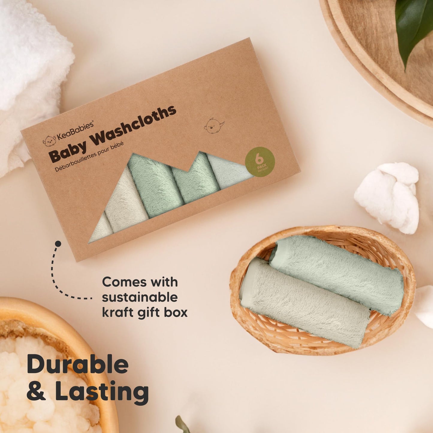 KeaBabies Bamboo Washcloths: 500GSM Ultra-Soft 6-Pack