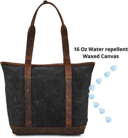 Wise Owl 16oz Waxed Cotton Canvas & Crazy Horse Leather Tote Bag