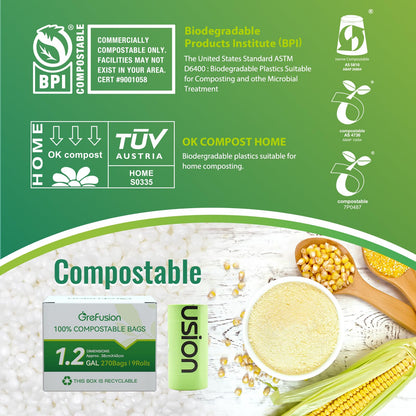 GreFusion 1.2 Gallon Compostable Bags - 125 Count (BPI Certified)