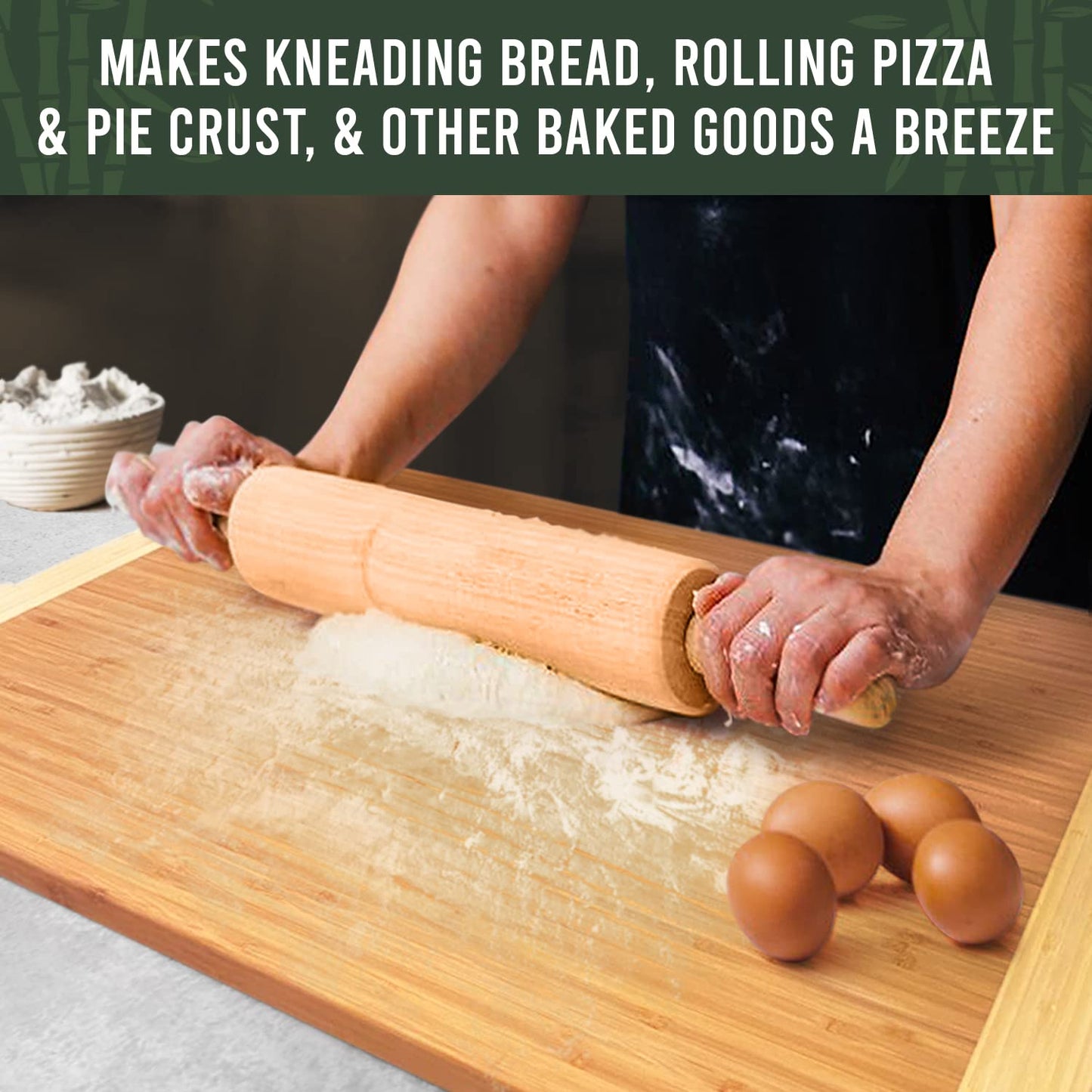 Person using a wooden rolling pin on dough with text about baking benefits