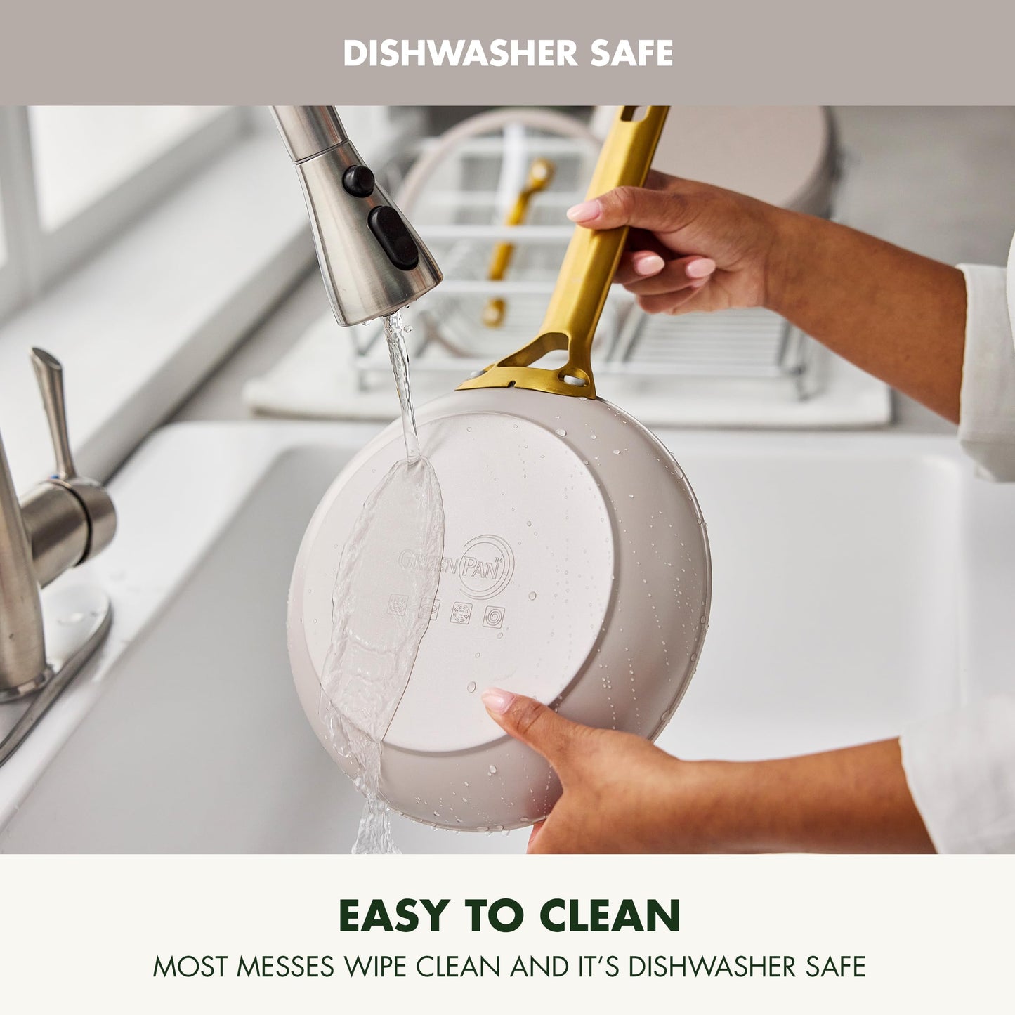 Person washing a dish in a sink with text indicating dishwasher safety and ease of cleaning.