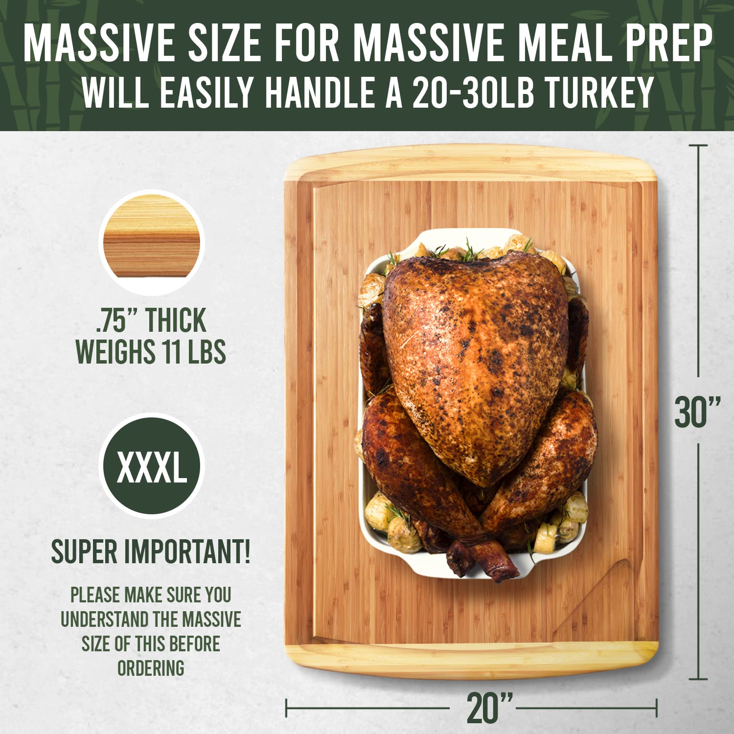 Wooden cutting board with roasted turkey on a white background, featuring text about size and weight.