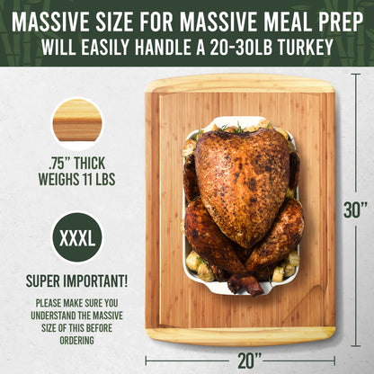 Wooden cutting board with roasted turkey on a white background, featuring text about size and weight.