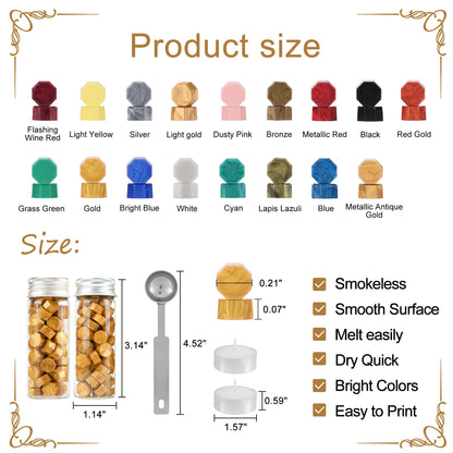 Sealing Wax Beads Kit: 150 Pcs with Permanent Metal Spoon & Reusable Glass Storage Bottles for Zero-Waste Wedding Invitations and Gift Wrap