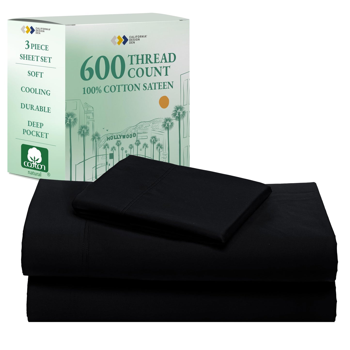 California Design Den 100% Cotton Sateen Sheets: 600 TC Luxury Set