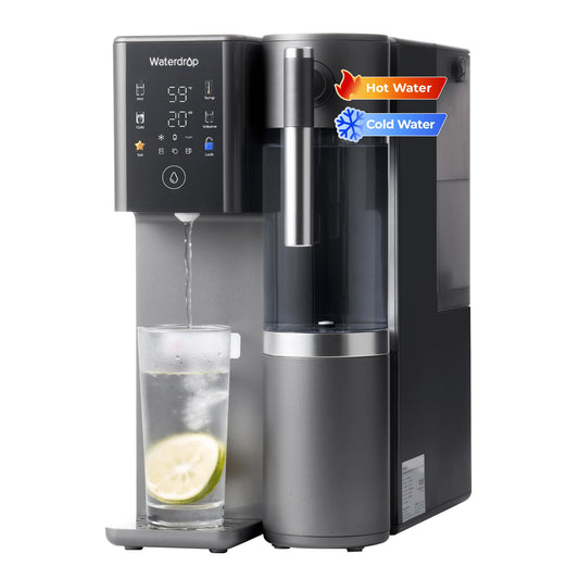 Waterdrop water dispenser with glass of water and lime on a white background